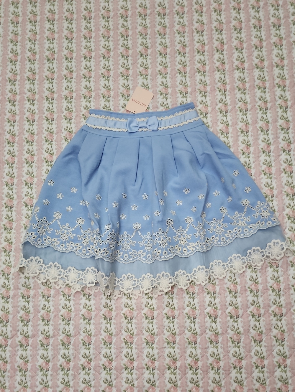 NWT LIZ LISA 🎀 Light Blue Floral Embroidered Lace Trim Bow Skater Skirt
